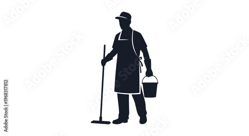 A janitor stands with cleaning tools depicted in black silhouette