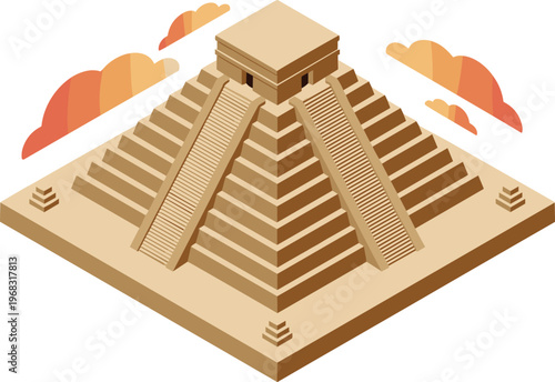 Isometric Mayan pyramid illustration, Chichen Itza temple, ancient architecture, historical landmark, Mexico heritage, archaeological site, minimal 3D vector design