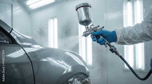 Technician spray painting car in paint booth