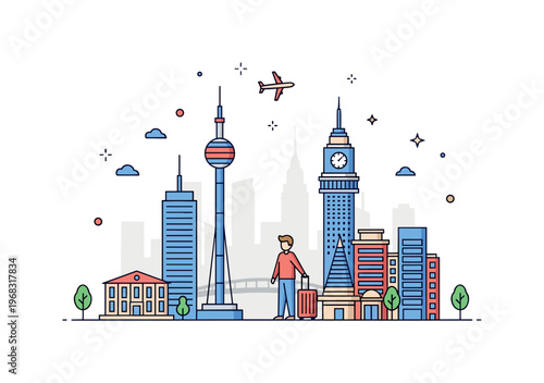 Travel cityscape exploration scene where a traveler stands with a suitcase near iconic buildings while tiny sparkle and star icons highlight urban adventure,