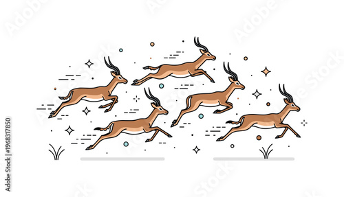 Impalas running herd scene where several impalas leap across the savanna while small sparkle and line icons emphasize speed, grace, and group coordination. The