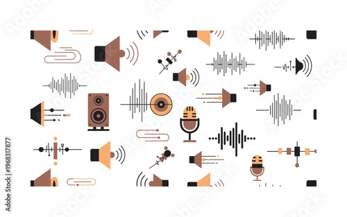 sound energy icons seamless pattern, repeating pattern, surface design, textile print, modern illustration of speaker cones, vibrating strings,