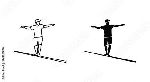 Man balancing on a line illustrated in two contrasting styles silhouette