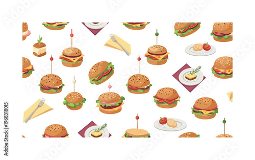 gourmet bites patterns seamless pattern, repeating pattern, surface design, textile print, modern illustration of mini sandwiches, buns, fillings, lettuce,