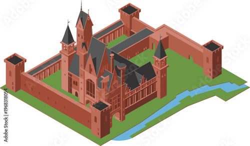 Isometric medieval castle fortress, historic palace with towers walls and moat river, European architecture landmark, detailed vector fantasy building illustration