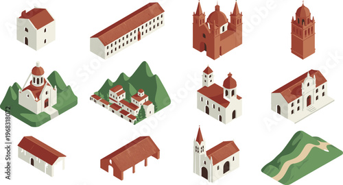 Isometric Mediterranean architecture set churches houses village buildings landmarks red roof European style minimal 3D illustration collection travel heritage