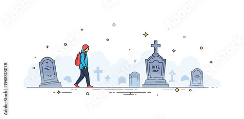 Foggy graveyard lone figure concept where a person walks slowly through misty graves while tiny sparkle and line icons highlight introspection, solitude, and
