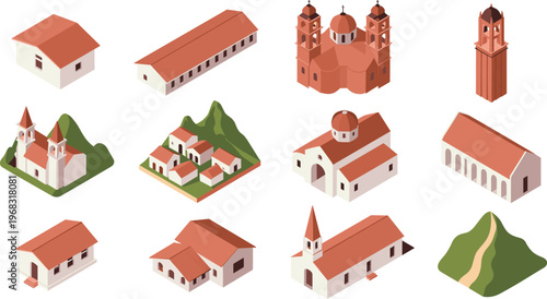 Isometric Mediterranean village architecture set churches houses buildings red roof European style minimal 3D illustration collection rural landscape travel