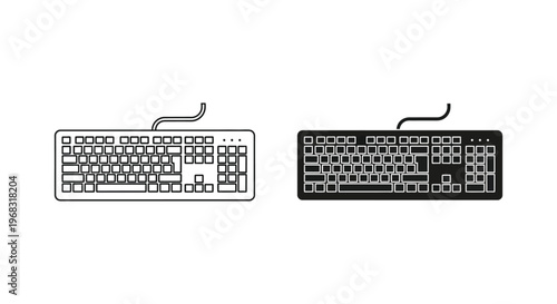 Two computer keyboards one outlined and one solid shown as a silhouette