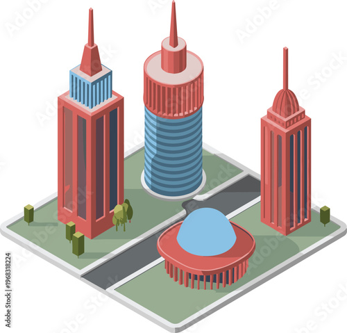 Isometric modern city buildings illustration, skyscraper towers and urban architecture composition, business district concept, detailed vector skyline design