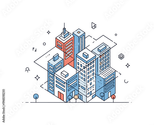 Fragmented perspectives urban architecture concept where buildings are shown in shifting angles and intersecting planes while tiny sparkle and line icons