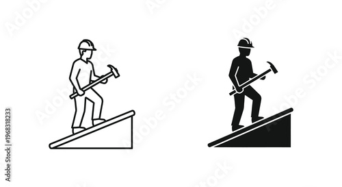 Construction worker with a hammer on a ramp black and white silhouette