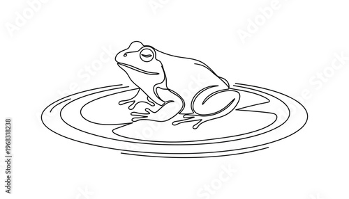 Peaceful Pond Frog. Minimalistic one-line drawing frog resting on lily pad with water ripples around, continuous single black line on white background, simple