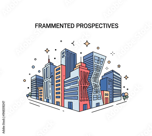Fragmented perspectives distorted cityscape concept where buildings appear in angular fragmented layers while tiny sparkle and line icons highlight complex