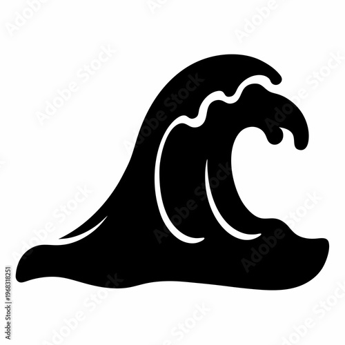 Simple black graphic of a wave with crest on white background