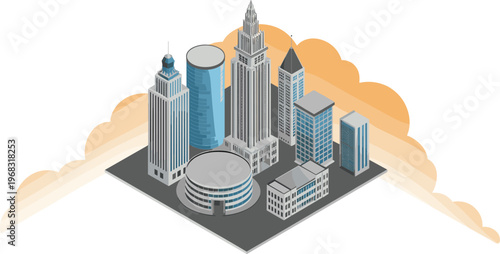 Isometric modern city buildings illustration, futuristic skyline, urban architecture, skyscrapers, business district, 3D vector cityscape, contemporary downtown design