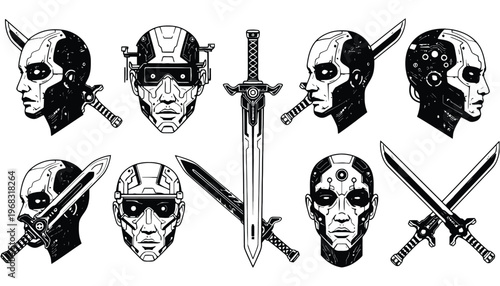 A cyborg head vector illustration with a sword in a futuristic style