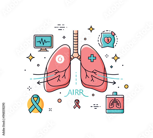 Lungs breathing air asthma awareness concept where lungs are highlighted with airflow lines while small sparkle and line icons emphasize health monitoring,