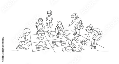 Creative Outdoor Play. Minimalistic one-line drawing children drawing with chalk on sidewalk, continuous single black line on white background, simple outline