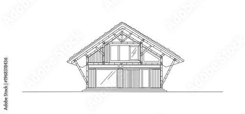 Sustainable Design. Minimalistic one-line drawing house built with bamboo beams, wooden panels, and eco-friendly roof, continuous single black line on white