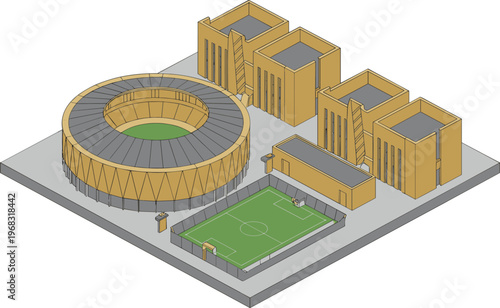 Isometric modern sports stadium complex with football field, arena architecture, urban sports facility, 3D vector illustration of infrastructure design