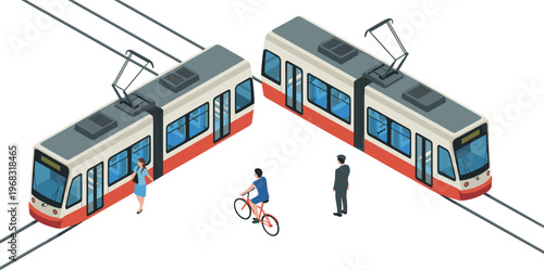 Isometric modern tram transport scene, public transit, urban mobility, passengers, cyclist, city transportation, electric streetcar, minimal illustration design concept