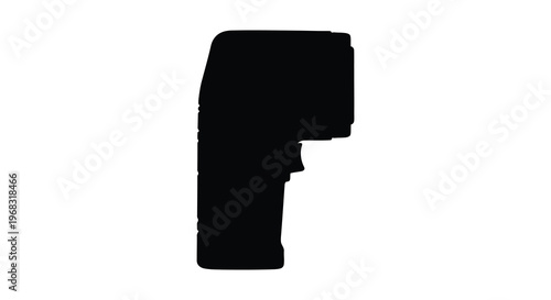 A stark black silhouette of a futuristic handgun sharply defined silhouette