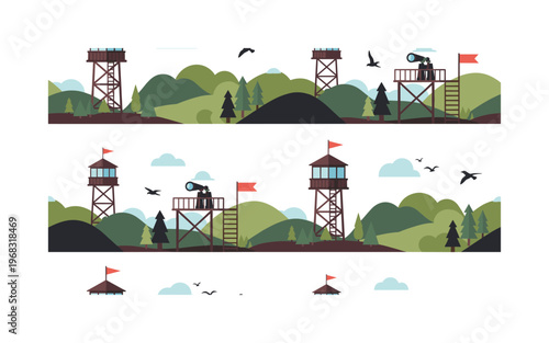 panoramic lookout icons seamless pattern, repeating pattern, surface design, textile print, modern illustration of watchtowers, hills, forests, observation