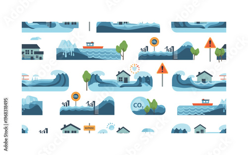 ocean rise patterns seamless pattern, repeating pattern, surface design, textile print, modern illustration of waves, flooded houses, boats, tides, warning