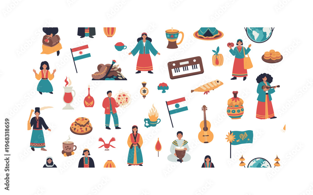 Fototapeta premium global motifs seamless pattern, repeating pattern, surface design, textile print, modern illustration of festivals, ethnic clothing, musical instruments,