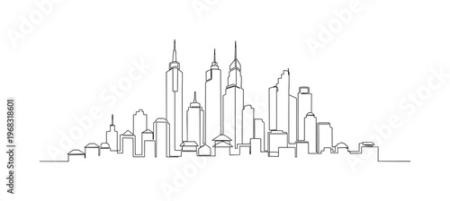 City Towers. Minimalistic one-line drawing tall buildings with different roof shapes forming skyline, continuous single black line on white background, simple