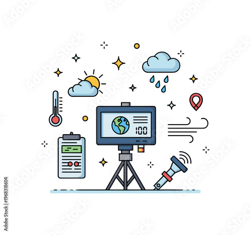 Environmental data weather station monitoring concept where instruments measure temperature, rainfall, and wind while tiny sparkle and cloud icons highlight