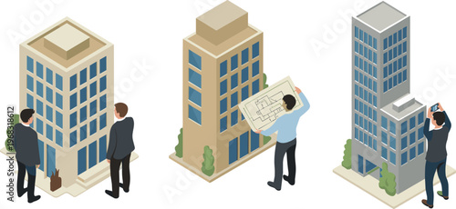 Isometric office building illustration, real estate development concept, architects reviewing blueprint, modern commercial architecture, property investment, urban planning design