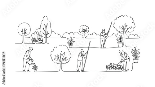 Green Neighborhood. Minimalistic one-line drawing people maintaining plants and trees in a city park, continuous single black line on white background, simple