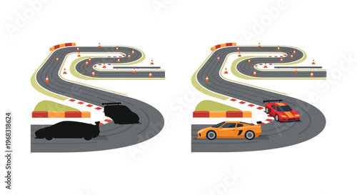 Racing track with colorful cars and a dark silhouette