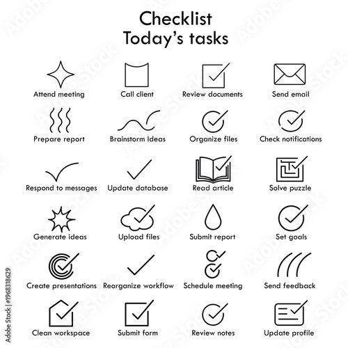 Daily task checklist with icons and status markers for productivity tracking Vector, illustration