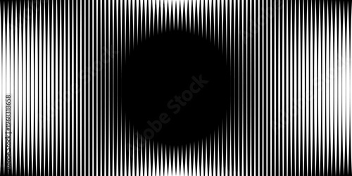 Vertical straight line pattern forms circle halftone design. Abstract stripe background with gradient transition, geometric texture, and monochrome vintage aesthetic.