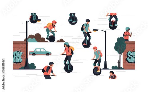 electric unicycle gangs seamless pattern, repeating pattern, surface design, textile print, modern illustration of people riding electric unicycles, urban
