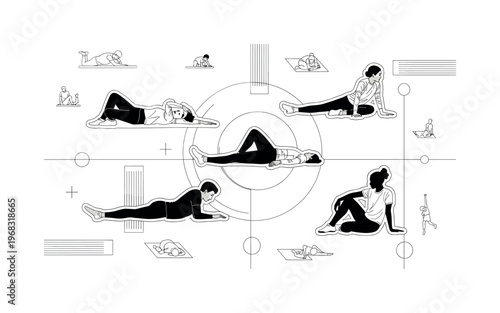 floor stretches geometric rings intersecting lines and minimal mat icons vintage black and white individual lying or sitting on floor performing stretches with