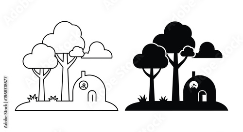 A spooky haunted house and trees in a stark black silhouette