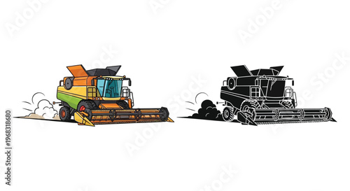 Colorful combine harvester and its stark black silhouette