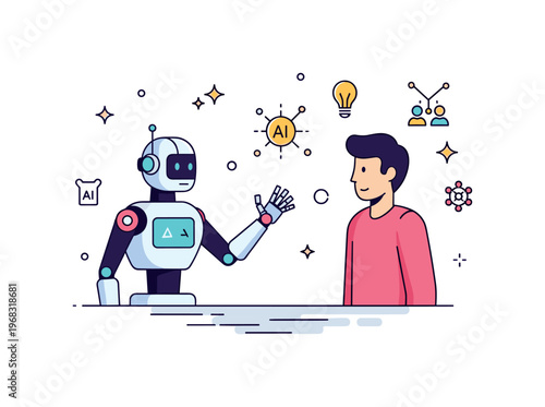 Robot humanoid robot interaction scene where a robot gestures while a human observes while small sparkle and line icons emphasize AI, innovation, and