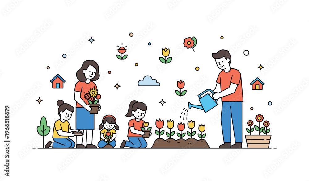 Fototapeta premium Spring flowers backyard garden scene where kids and adults plant or water seasonal flowers while small sparkle and line icons emphasize care, growth, and