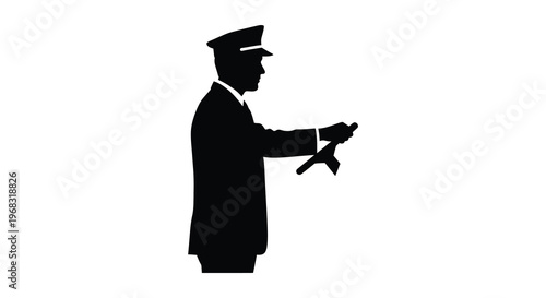 Pilot in uniform gesturing with an airplane a striking silhouette