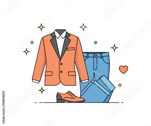 Tailored outfits casual chic concept where a tailored jacket is paired with jeans and stylish shoes while tiny sparkle and star icons highlight modern fashion,