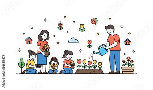 Spring flowers backyard garden scene where kids and adults plant or water seasonal flowers while small sparkle and line icons emphasize care, growth, and