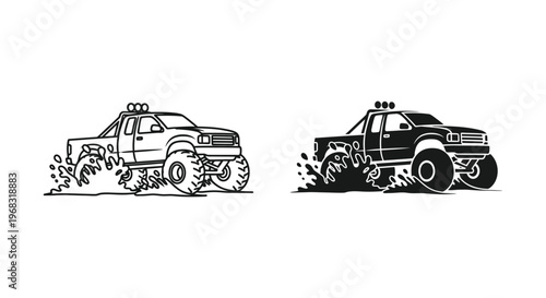Two monster trucks splashing through water a bold black silhouette