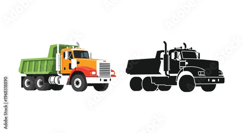 Colorful dump truck illustration paired with its stark black silhouette