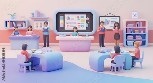 Modern classroom with students and teachers.