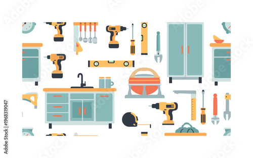 kitchen work seamless pattern, repeating pattern, surface design, textile print, modern illustration of countertops, cabinets, drills, screwdrivers, measuring